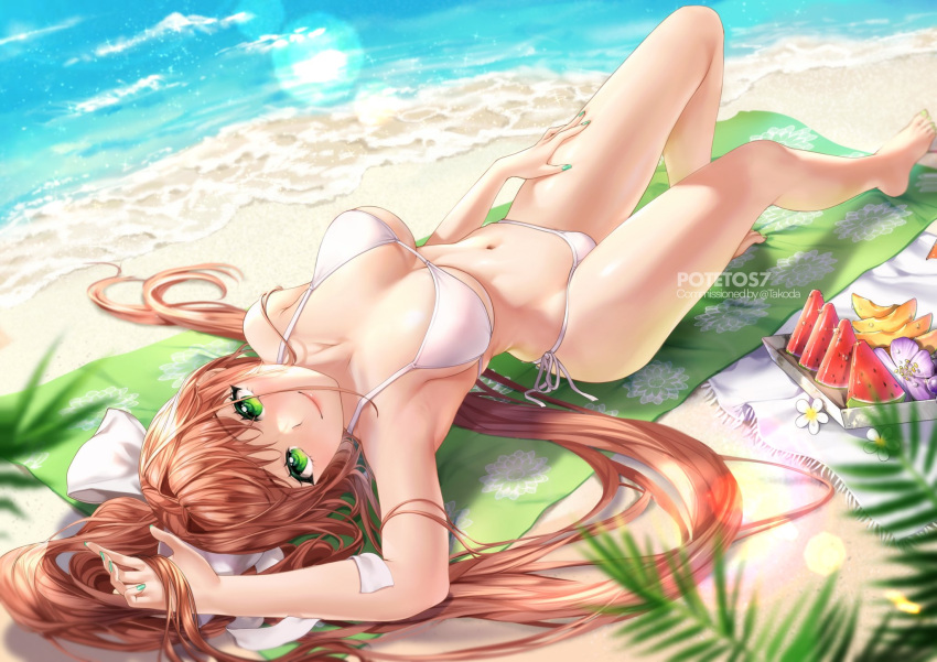 1girl arm_up armpits artist_name barefoot beach bikini blanket blurry blurry_foreground breasts brown_hair collarbone commission depth_of_field doki_doki_literature_club english_commentary food fruit green_eyes green_nails hair_ribbon hand_on_own_thigh highres large_breasts lens_flare long_hair looking_at_viewer lying monika_(doki_doki_literature_club) navel on_back potetos7 ribbon sand side-tie_bikini smile solo swimsuit tray very_long_hair water watermelon_slice white_bikini white_ribbon