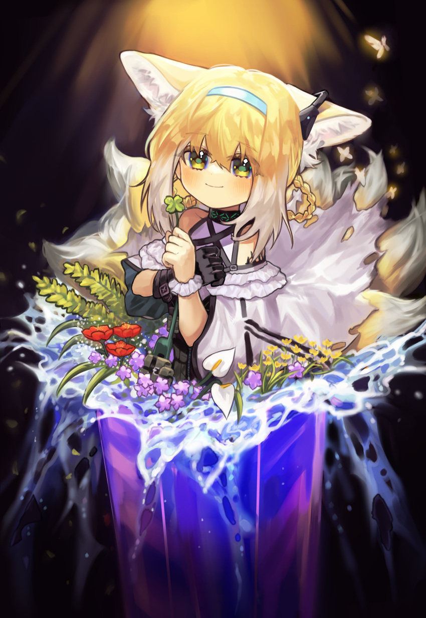 1girl absurdres animal_ears arknights bangs blonde_hair blue_hairband blush braid bug butterfly clover dress earpiece flower four-leaf_clover fox_ears fox_girl fox_tail hair_rings hairband highres holding holding_clover infection_monitor_(arknights) lily_of_the_valley long_hair looking_at_viewer mechanical_arms multiple_tails single_mechanical_arm smile solo sp0i0ppp suzuran_(arknights) tail water white_dress wrist_cuffs yellow_eyes