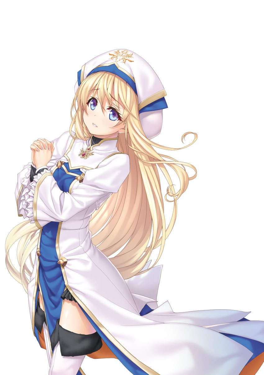 1girl absurdres bangs blonde_hair blue_eyes boots breasts brooch collared_dress dress eyebrows_visible_through_hair floating_hair frilled_sleeves frills fur_trim goblin_slayer! gold_trim hat highres jewelry kannatsuki_noboru long_hair long_sleeves looking_at_viewer looking_to_the_side multicolored multicolored_clothes multicolored_headwear novel_illustration official_art own_hands_clasped own_hands_together parted_lips priestess_(goblin_slayer!) second-party_source simple_background small_breasts solo standing star_(symbol) thigh-highs thigh_boots very_long_hair white_background white_dress white_headwear white_legwear