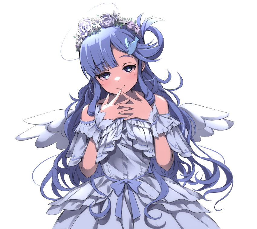 1girl absurdres asari_nanami bare_shoulders blue_bow blue_dress blue_eyes blue_hair blue_scrunchie blue_sleeves blush bow breasts closed_mouth collarbone detached_sleeves dot_nose dress dress_bow fake_wings fish_hair_ornament flower_wreath hair_ornament hair_rings hands_up highres idolmaster idolmaster_cinderella_girls idolmaster_cinderella_girls_starlight_stage layered_dress long_hair looking_at_viewer nutsiqu scrunchie short_sleeves simple_background small_breasts smile solo strapless strapless_dress very_long_hair white_background wings wrist_scrunchie
