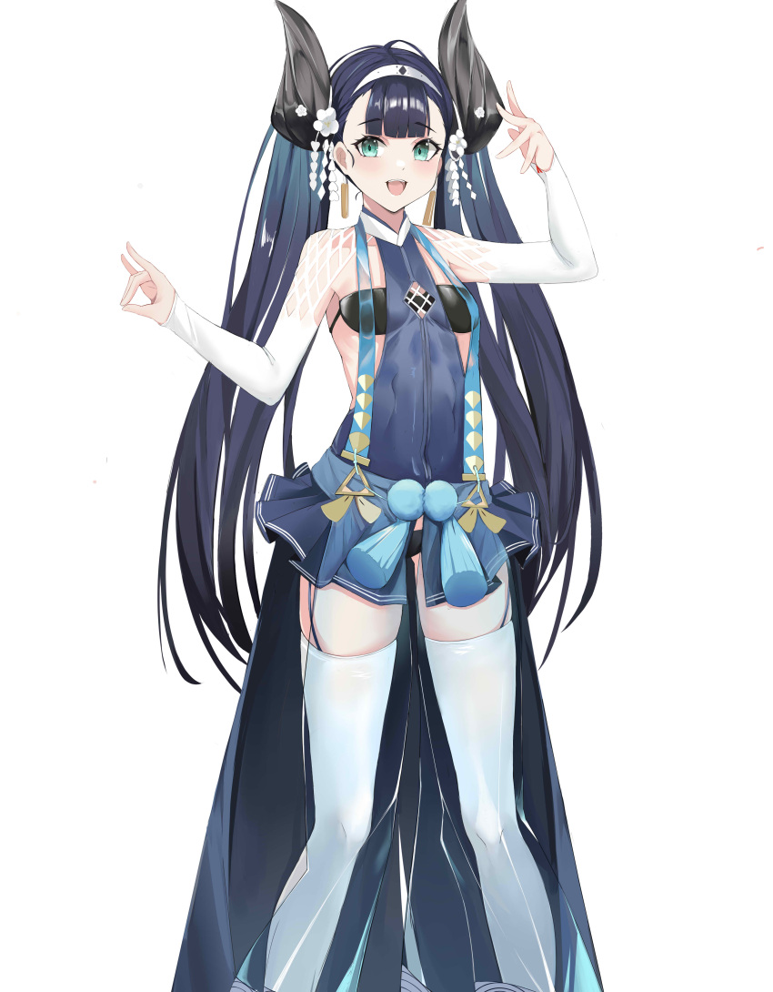 1girl absurdres antenna_hair azur_lane bangs black_hair blue_hair blunt_bangs breasts center_opening detached_sleeves double_bun earrings eyebrows_visible_through_hair frilled_skirt frills green_eyes hair_ornament hand_up headband highres horns japanese_clothes jewelry katsuragi_(azur_lane) kuyouml long_hair long_sleeves miniskirt multicolored_hair open_mouth see-through see-through_legwear simple_background skirt small_breasts solo standing streaked_hair teeth thigh-highs tied_hair tutu twintails two-tone_hair upper_teeth white_background white_headband white_sleeves