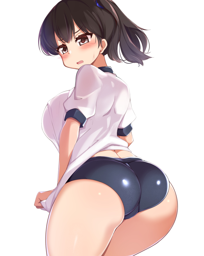 1girl absurdres alternate_costume ass blush breasts brown_eyes brown_hair buruma clothes_pull cowboy_shot eyebrows_visible_through_hair from_behind highres kaga_(kancolle) kantai_collection kurokoshou_(emuburemu123) large_breasts long_hair looking_at_viewer looking_back side_ponytail simple_background sweatdrop thick_thighs thighs white_background