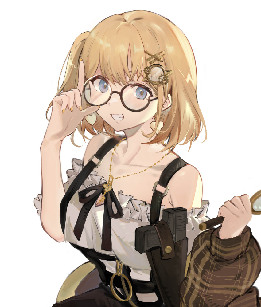 1girl bare_shoulders black-framed_eyewear blonde_hair blue_eyes collarbone cropped earrings fingernails frills glasses gradient gradient_background gun hair_ornament hairclip heart heart_earrings highres holding holding_magnifying_glass hololive hololive_english holster holstered_weapon jewelry key_necklace long_fingernails magnifying_glass medium_hair monocle necklace plaid ponytail round_eyewear side_ponytail smile solo tsuiru watson_amelia weapon yellow_nails zipper zipper_pull_tab
