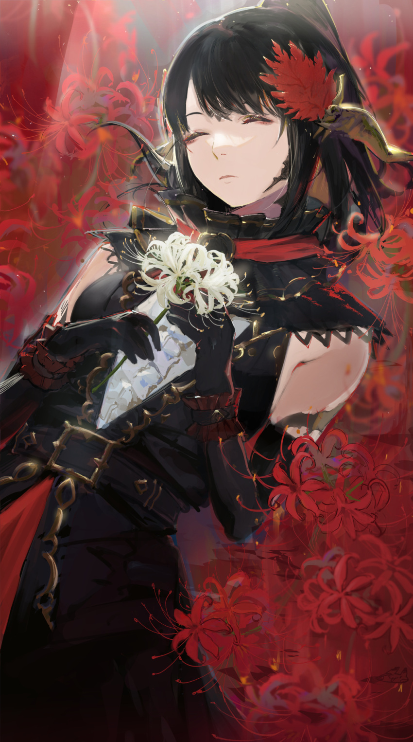 1girl au_ra belt belt_buckle black_gloves black_hair bleeding blood buckle closed_eyes closed_mouth elbow_gloves final_fantasy final_fantasy_xiv flower frilled_cuffs frills gloves hair_ornament highres holding holding_flower horns injury leaf light_particles light_rays long_hair ponytail red_flower scales solo spider_lily torn_clothes torn_gloves tsuiru white_flower