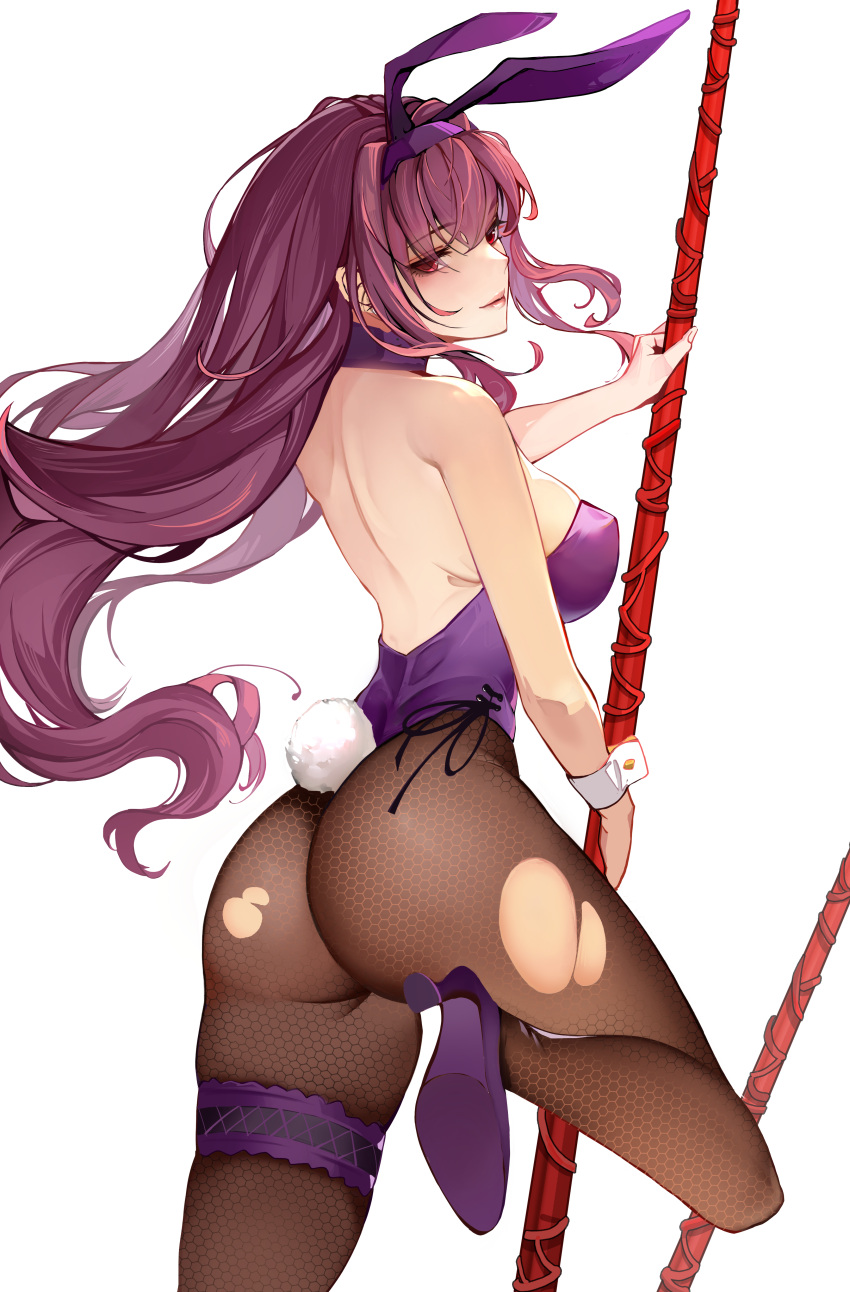 1girl absurdres animal_ears ass breasts detached_collar fake_animal_ears fate/grand_order fate_(series) fishnet_legwear fishnets gae_bolg_(fate) hair_intakes hairband high_heels highleg highleg_leotard highres large_breasts leg_up leotard lips long_hair looking_at_viewer looking_back piercing_bunny playboy_bunny polearm purple_hair purple_hairband purple_leotard purple_neckwear rabbit_ears rabbit_tail red_eyes scathach_(fate) scathach_(fate)_(all) seductive_smile simple_background smile solo spear strapless strapless_leotard tail torn_clothes torn_legwear unmoving_pattern very_long_hair weapon white_background wrist_cuffs yaoshan_shi