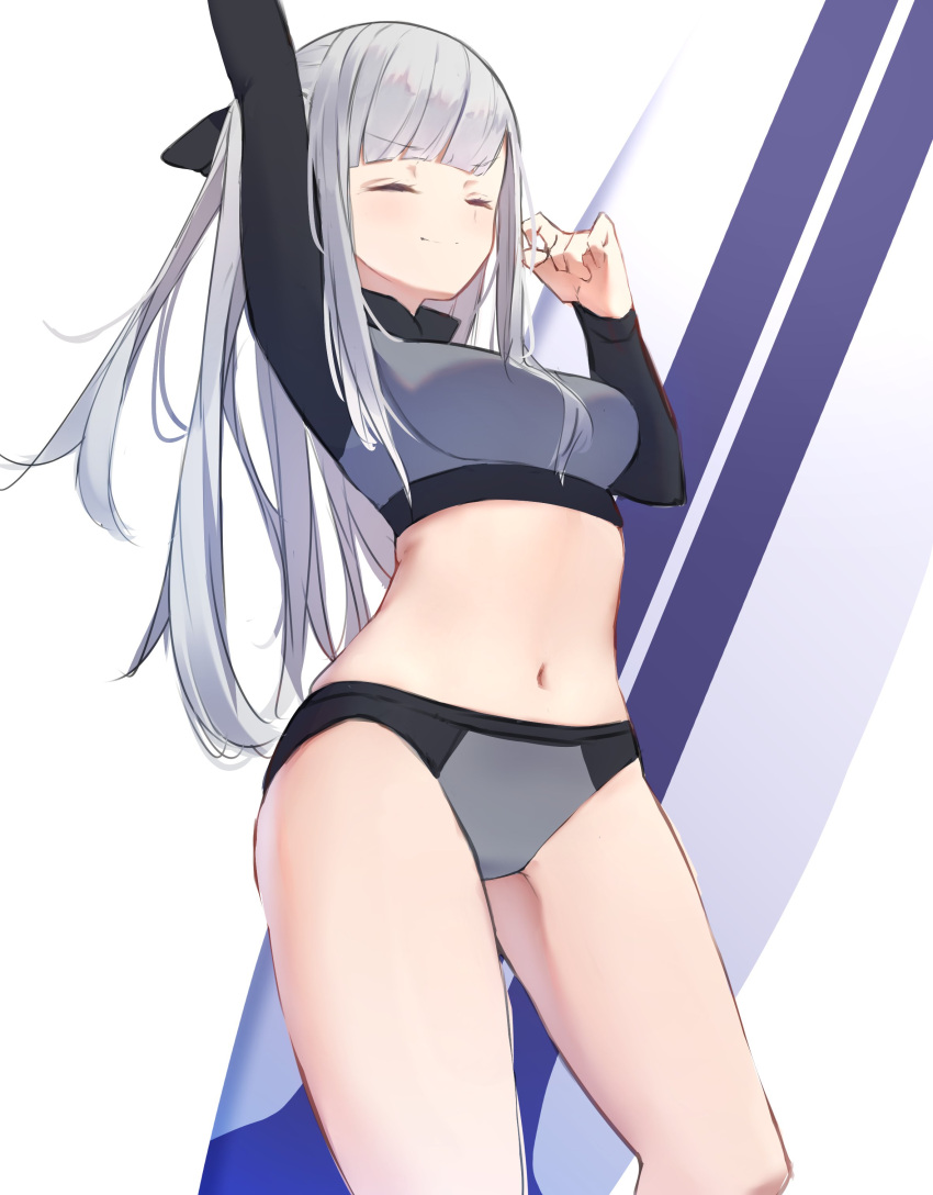 1girl absurdres ak-12_(girls'_frontline) arm_up bangs bow closed_eyes commentary_request cowboy_shot eyebrows_visible_through_hair girls_frontline hair_bow highres long_hair long_sleeves midriff navel official_alternate_costume oyatsutime silver_hair simple_background smile solo surfboard swimsuit thighs two-tone_swimsuit white_background