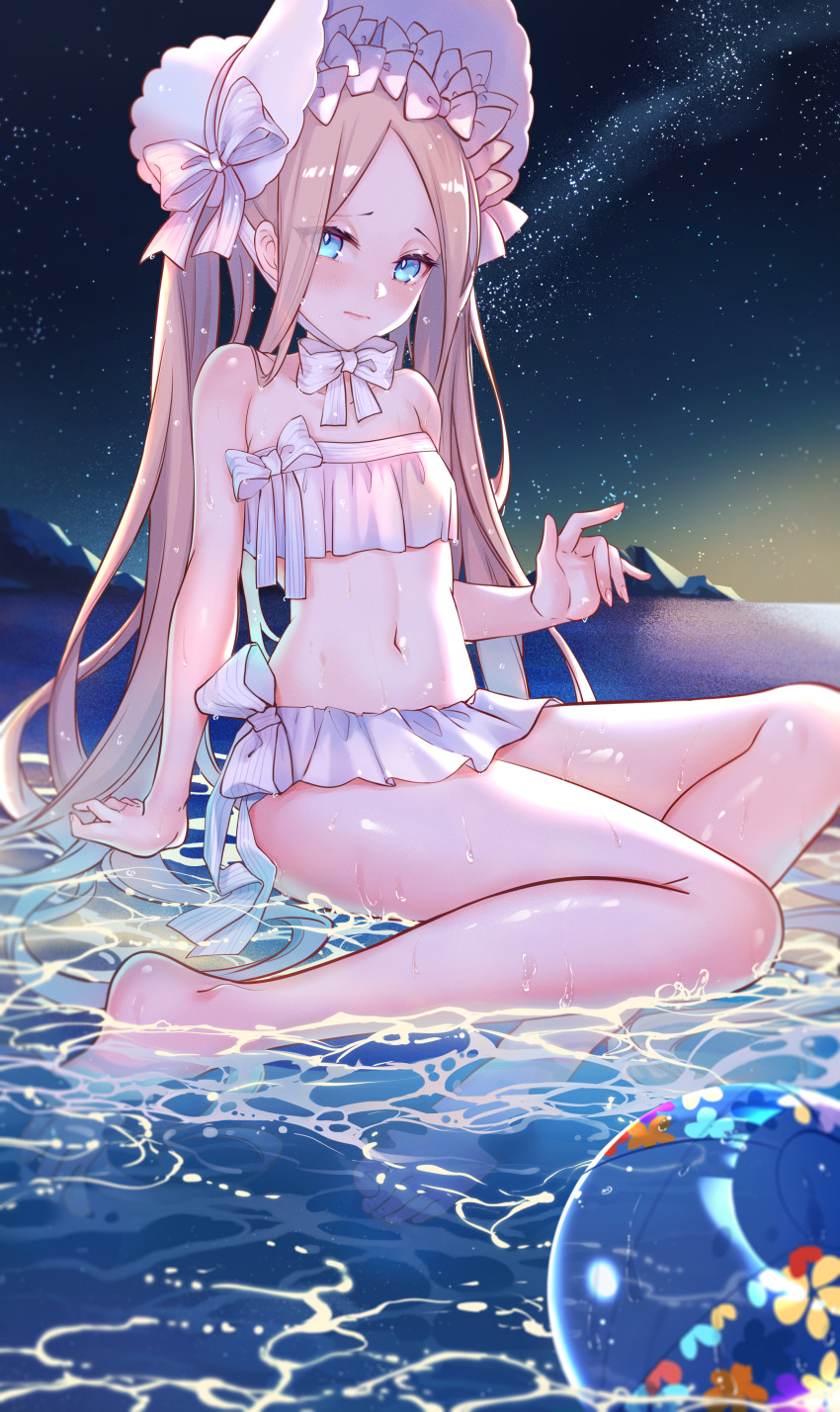 1girl abigail_williams_(fate) abigail_williams_(swimsuit_foreigner)_(fate) absurdres ball bangs bare_shoulders beach beachball bikini blonde_hair blue_eyes bonnet bow breasts fate/grand_order fate_(series) forehead hair_bow highres long_hair miniskirt navel night night_sky parted_bangs shore sidelocks sitting skirt sky small_breasts solo star_(sky) starry_sky swimsuit twintails very_long_hair vicky26220183 water wet white_bikini white_bow white_headwear