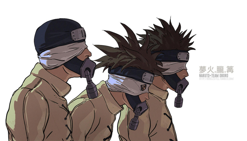 3boys black_eyes brown_hair character_name character_profile character_sheet fisher903 forehead_protector gas_mask kagari_(naruto) long_sleeves mask mubi_(naruto) multiple_boys naruto naruto_(series) ninja oboro_(naruto) simple_background spiky_hair white_background white_blindfold yellow_jumpsuit