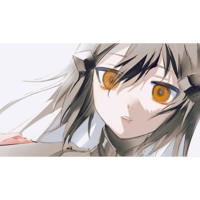 1girl black_hair chinese_commentary close-up commentary_request dandelion_(girls'_frontline) dutch_angle face girls_frontline hair_between_eyes headgear highres jibao long_hair looking_at_viewer orange_eyes parted_lips solo