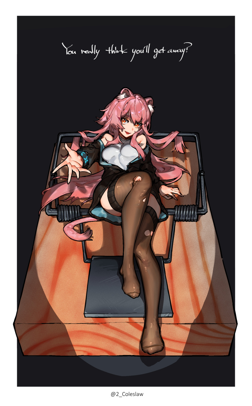 absurdres animal_ears arknights arm_support black_background black_jacket black_legwear commentary english_text gravel_(arknights) highres infection_monitor_(arknights) jacket long_hair looking_at_viewer mirin_chikuwa mouse_ears mouse_girl mouse_tail mousetrap open_clothes open_jacket open_mouth outstretched_arm oversized_object pink_hair red_eyes shirt simple_background tail thigh-highs thighs torn_clothes torn_legwear twitter_username white_footwear white_shirt wristband
