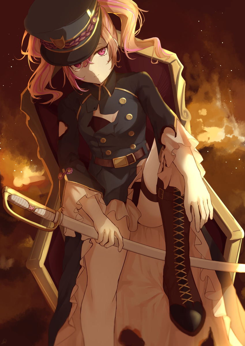 1girl absurdres boots chair commission commissioner_upload emiko_(riftdevils) fire hat highres kepi looking_at_viewer medium_hair military_hat nev_(nevblindarts) original pink_eyes sitting solo sword thighs torn_clothes twintails weapon