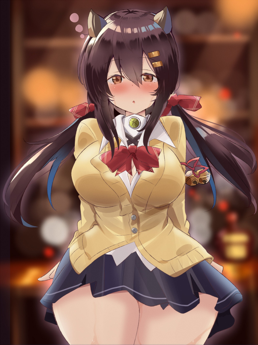 1girl absurdres azur_lane bell blush bow breasts brown_eyes brown_hair button_gap cardigan commentary_request drunk hair_between_eyes hair_ornament hairclip highres horns large_breasts long_hair long_sleeves looking_at_viewer nagara_(azur_lane) pleated_skirt shirt skirt solo tonchinkan twintails white_shirt
