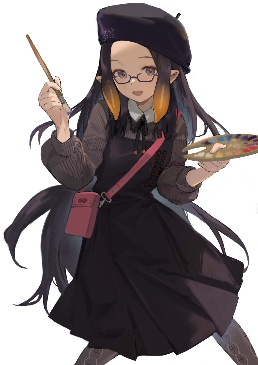1girl :d absurdres art_brush bag beret black_hair black_headwear black_neckwear collared_shirt commentary cowboy_shot dress english_commentary fang flat_chest forehead glasses gradient_hair grey_eyes grey_legwear grey_shirt handbag hat highres holding holding_paintbrush holding_palette hololive hololive_english long_hair long_sleeves looking_at_viewer multicolored_hair neck_ribbon ninomae_ina'nis official_alternate_costume open_mouth orange_hair paintbrush palette_(object) pantyhose pinafore_dress pink_bag pinstripe_pattern pinstripe_shirt pleated_dress pointy_ears puffy_long_sleeves puffy_sleeves purple-framed_eyewear ribbon shirt sidelocks sideways_hat simple_background skin_fang smile solo striped tentacle_hair tsuiru very_long_hair virtual_youtuber white_background