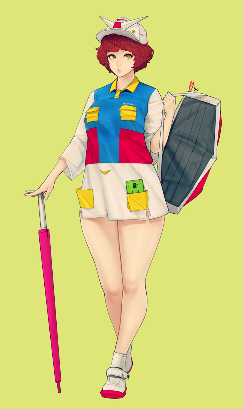 1girl bag bottomless breasts brown_eyes brown_hair cellphone full_body green_background gundam hat highres holding holding_bag large_breasts original personification phone pocket rx-78-2 simple_background smartphone solo standing thighs umbrella white_headwear zcune