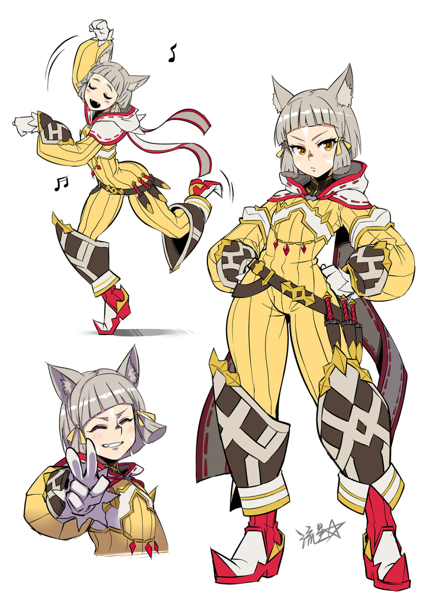 1girl :d animal_ears belt blunt_ends blush bodysuit boots brown_belt cat_ears closed_eyes closed_mouth dagger dancing facing_viewer fangs gloves grey_hair grin hair_ribbon highres knife long_sleeves looking_at_viewer multiple_views musical_note nia_(xenoblade) open_mouth pointy_footwear ribbon ryuusei_(mark_ii) sidelocks smile tiptoes v weapon white_gloves xenoblade_chronicles_(series) xenoblade_chronicles_2 yellow_bodysuit