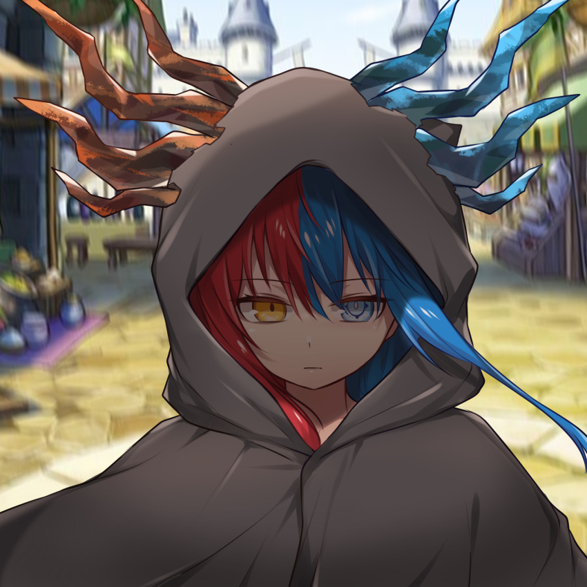 1girl bangs blue_eyes blue_fire blue_hair blue_horns blurry blurry_background bright_pupils castle cloak commission commissioner_upload day dragon_girl dragon_horns expressionless eyebrows_visible_through_hair fire food highres hood hood_up hooded_cloak horns inferna_dragnis long_hair looking_at_viewer market market_stall original outdoors shaded_face shield solo standing usagi1923 white_pupils