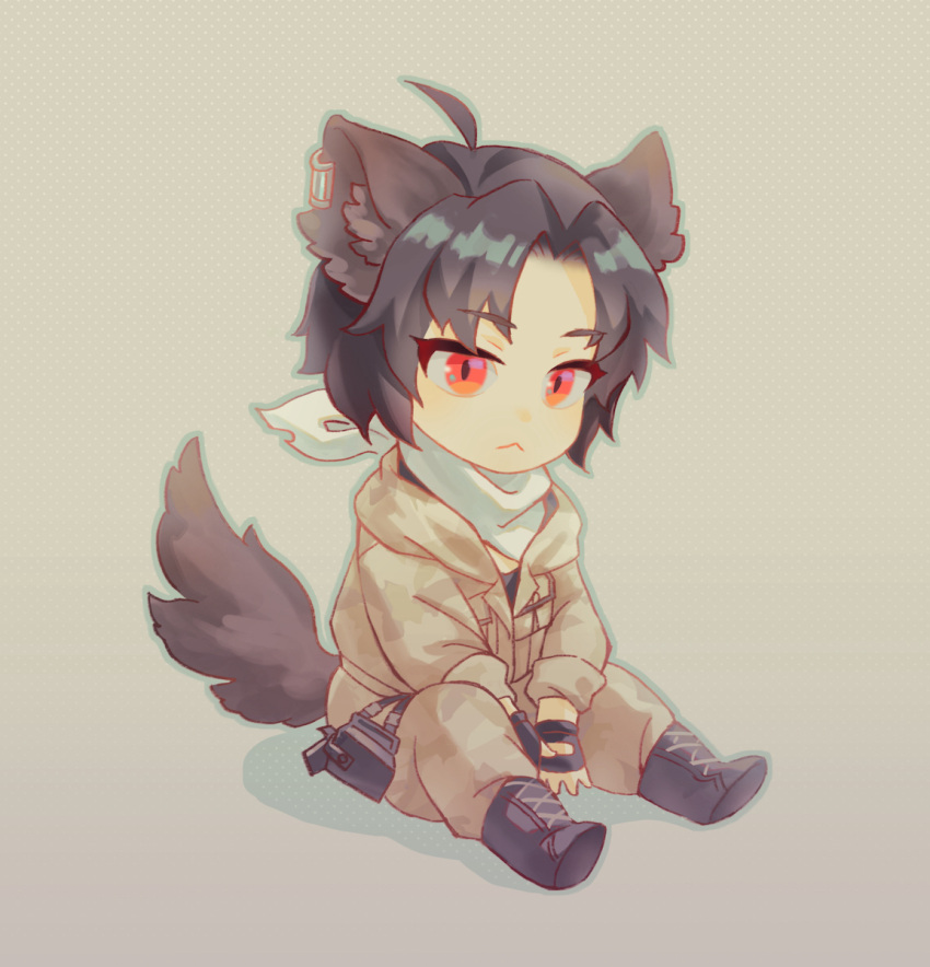 1boy 86_-eightysix- animal_ears beige_background black_footwear brown_hair brown_jacket brown_pants chibi fingerless_gloves gloves highres jacket kemonomimi_mode male_focus military military_uniform pants red_eyes setani_o shinei_nouzen sitting solo tail uniform wolf_boy wolf_ears wolf_tail