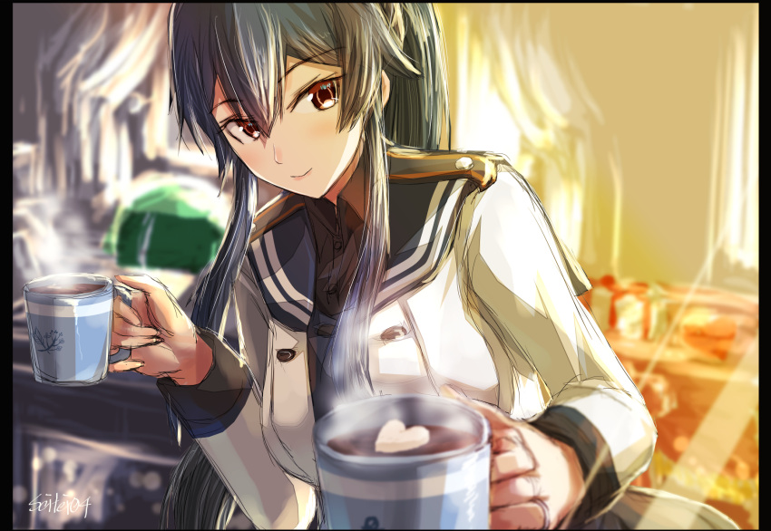 1girl black_hair black_neckwear black_sailor_collar black_shirt blush closed_mouth commentary_request cup dress_shirt eyebrows_visible_through_hair food gift hair_between_eyes highres holding holding_cup hot_chocolate kantai_collection long_hair long_sleeves looking_at_viewer marshmallow necktie ponytail red_eyes sailor_collar sailor_shirt seitei_(04seitei) shirt shirt_under_shirt sidelocks smile solo steam sunlight twitter_username upper_body white_shirt yahagi_(kancolle)