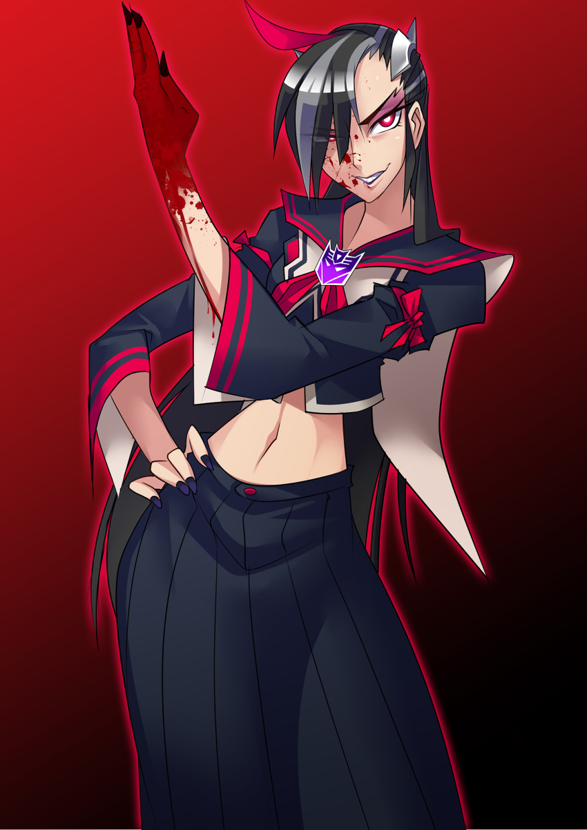 1girl black_hair black_sailor_collar black_serafuku black_skirt blood blood_on_hands bright_pupils contrapposto cropped_shirt decepticon fingernails genderswap genderswap_(mtf) gradient gradient_background grin hand_on_hip highres humanization long_skirt long_sleeves looking_at_viewer midriff multicolored_hair nail_polish navel pleated_skirt purple_nails red_bandana red_eyes red_ribbon ribbon ryuusei_(mark_ii) sailor_collar sanpaku school_uniform serafuku skirt sleeve_ribbon smile solo standing starscream streaked_hair transformers transformers_prime white_pupils