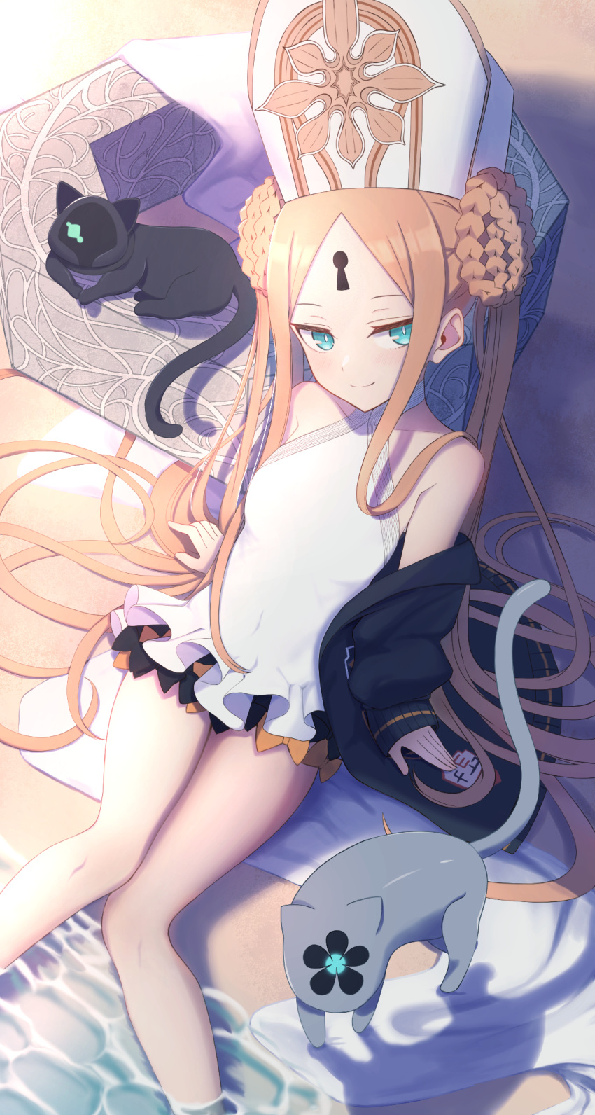 1girl abigail_williams_(fate) abigail_williams_(swimsuit_foreigner)_(fate) akazaki_chino bangs bare_shoulders beach black_bow black_cat blonde_hair blue_eyes blush bow braid braided_bun breasts cat double_bun dress_swimsuit fate/grand_order fate_(series) forehead highres keyhole long_hair mitre multiple_bows orange_bow parted_bangs sand shore sidelocks small_breasts smile swimsuit twintails very_long_hair white_headwear white_swimsuit