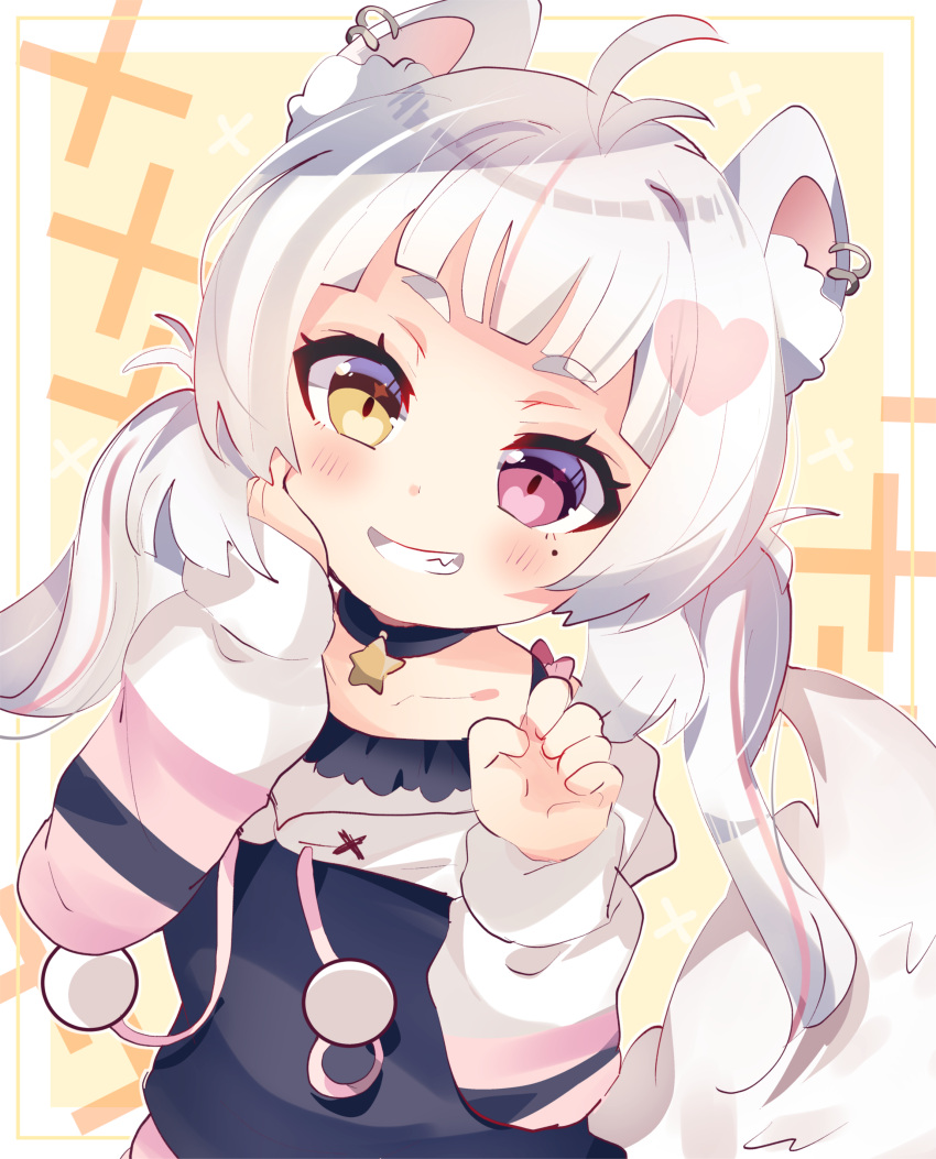 1girl absurdres ahoge animal_ears bangs blush bow chii_paws eyebrows_visible_through_hair fox_ears fox_tail grin hair_ornament heterochromia highres indie_virtual_youtuber jewelry long_hair long_sleeves low_twintails messy_hair mole multicolored_hair necklace nhshio piercing pink_eyes short_eyebrows sleeves_past_elbows smile solo star_(symbol) streaked_hair tail twintails white_hair yellow_eyes
