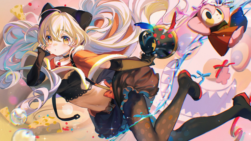 absurdres charlotte_(madoka_magica) cheese food hair_ornament highres instrument long_hair magical_girl mahou_shoujo_madoka_magica mahou_shoujo_madoka_magica_movie momoe_nagisa pantyhose pom_pom_(clothes) rumoon trumpet two_side_up white_hair yellow_eyes
