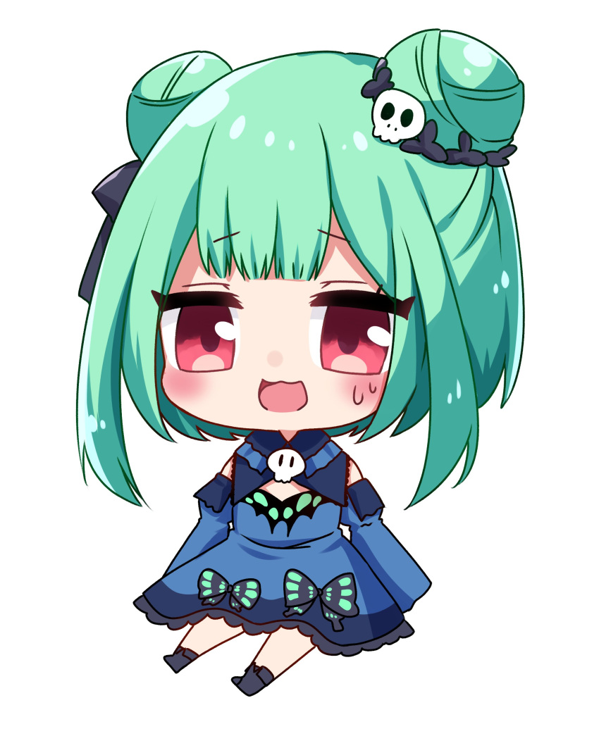 1girl absurdres animal_print bangs bare_shoulders black_bow blue_dress blush bow butterfly_print chibi detached_sleeves double_bun dress eyebrows_visible_through_hair green_hair grey_footwear hair_bow hair_ornament highres hololive long_sleeves looking_to_the_side open_mouth puffy_sleeves red_eyes shinonome_asu shoes short_hair simple_background sitting skull_hair_ornament smile solo uruha_rushia white_background wide_sleeves