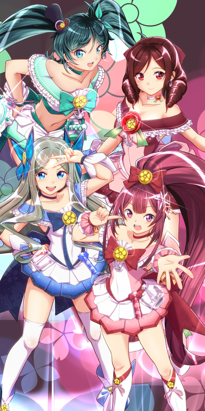 4girls absurdres adapted_costume alternate_costume alternate_hairstyle anchor asakaze_(kancolle) blue_background blue_bow blue_choker blue_eyes blue_skirt blush boots bow brown_hair choker cosplay crop_top cure_blossom cure_blossom_(cosplay) cure_marine cure_marine_(cosplay) cure_sunshine dated dress drill_hair eyebrows_visible_through_hair floral_background forehead full_body gift gradient gradient_background green_skirt hair_bow hair_ornament harukaze_(kancolle) hat heartcatch_precure! high_heel_boots high_heels high_ponytail highres kamikaze_(kancolle) kantai_collection kneehighs light_brown_hair long_hair magical_girl matsukaze_(kancolle) mini_hat moke_ro multiple_girls oil-paper_umbrella open_mouth outstretched_arm pink_background pink_choker pink_dress precure purple_bow purple_footwear purple_hair red_bow red_dress red_eyes shiny_tambourine short_sleeves skirt smile thigh-highs thigh_boots tilted_headwear twin_drills twintails twitter_username two-tone_dress umbrella very_long_hair violet_eyes white_dress white_legwear