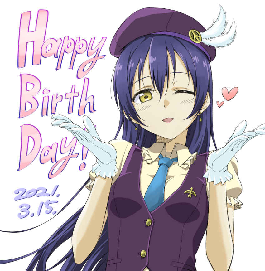1girl bangs birthday blowing_kiss blue_hair blue_neckwear commentary_request dated english_text gloves hair_between_eyes happy_birthday hat heart kyuusenbinore_(gavion) long_hair looking_at_viewer love_live! love_live!_school_idol_project necktie one_eye_closed simple_background solo sonoda_umi swept_bangs white_background white_gloves yellow_eyes
