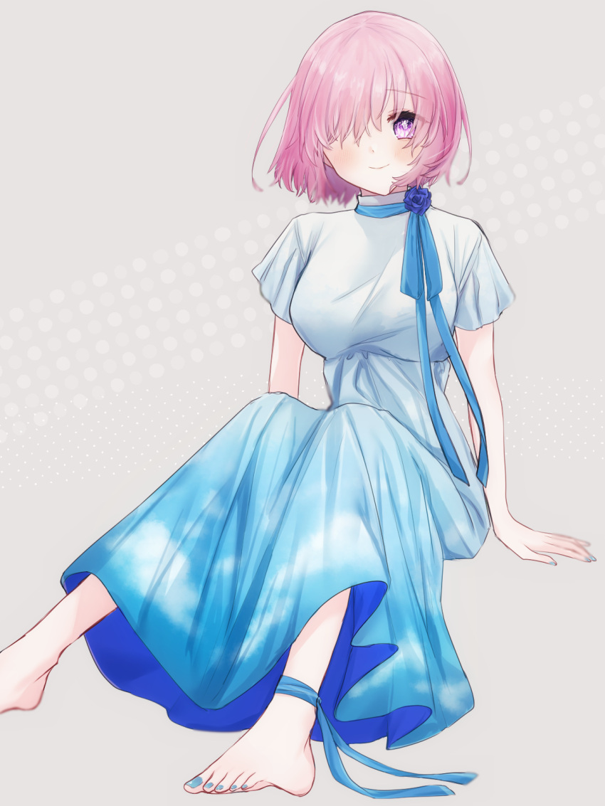 1girl alternate_costume bangs barefoot blue_dress blue_nails blue_ribbon blush breasts closed_mouth cloud_print commentary_request dress eyebrows_visible_through_hair fate/grand_order fate_(series) fingernails flower gradient_clothes hair_over_one_eye harukappa highres long_dress looking_at_viewer mash_kyrielight medium_breasts multicolored multicolored_clothes one_eye_covered pink_hair purple_flower purple_rose ribbon rose short_hair short_sleeves sitting sky_print smile solo violet_eyes white_dress