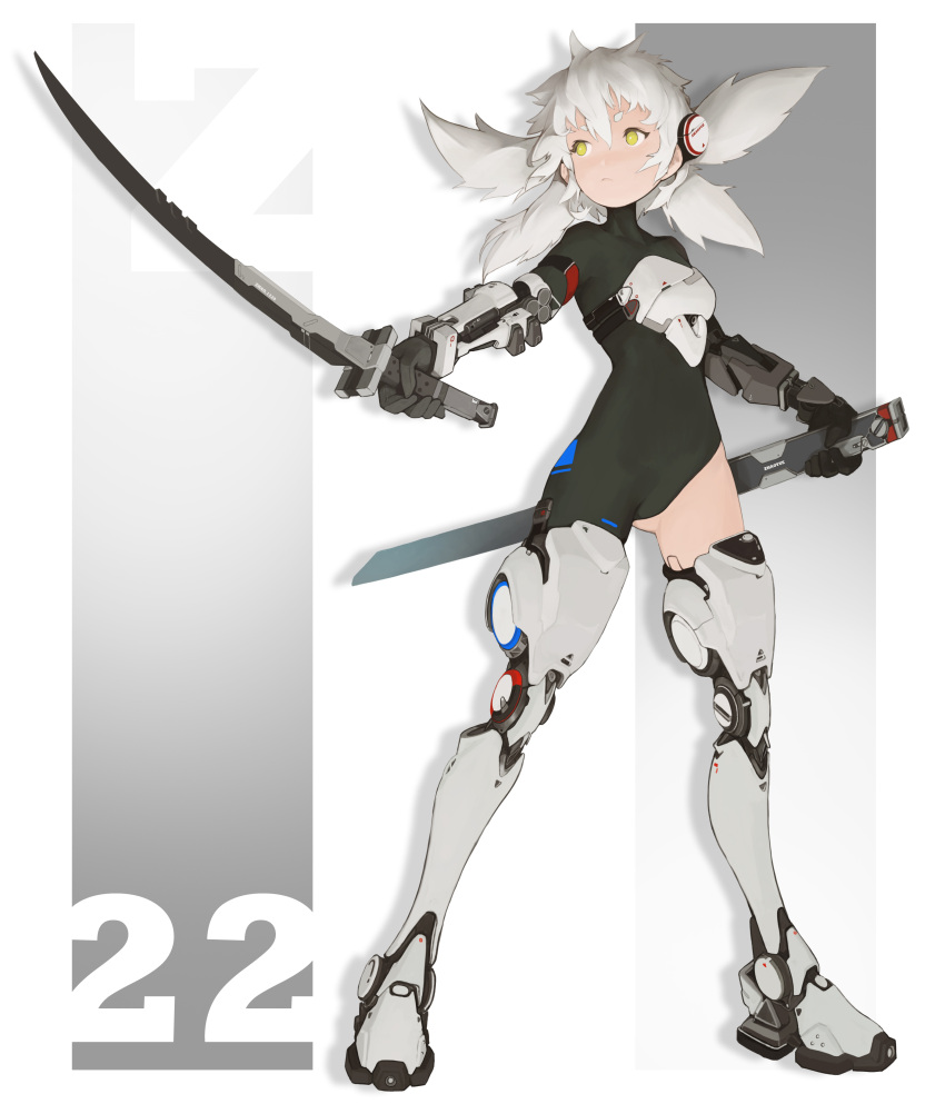 1girl absurdres armor asymmetrical_clothes breastplate breasts full_body grey_hair highres holding holding_sword holding_weapon katana mecha_musume original prosthesis prosthetic_leg sheath skin_tight small_breasts solo standing sword unsheathed weapon yang_youcai yellow_eyes