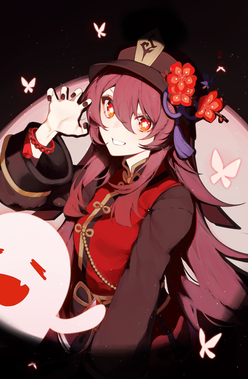 1girl bangs black_headwear blush breasts brown_hair bug butterfly flower genshin_impact ghost grin hat hat_flower highres hu_tao_(genshin_impact) long_hair long_sleeves looking_at_viewer plum_blossoms red_eyes small_breasts smile symbol-shaped_pupils tia_(tia_1207) twintails very_long_hair
