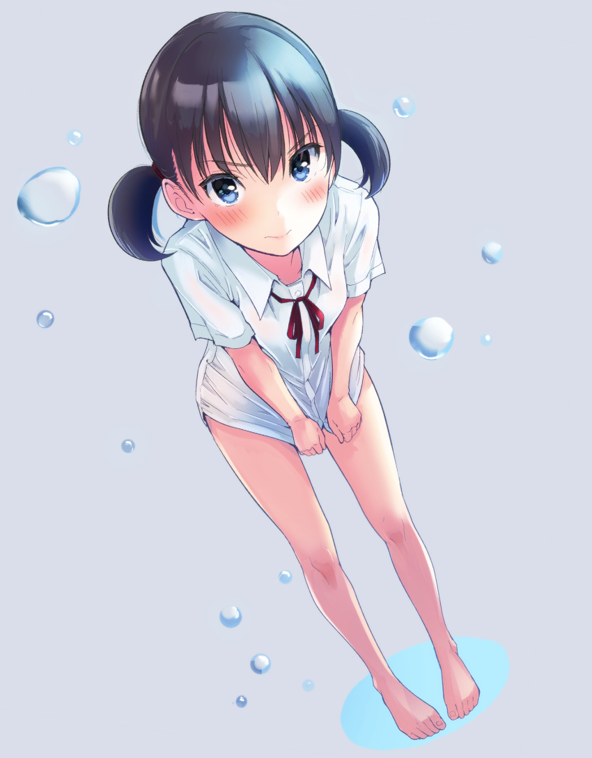 1girl bangs barefoot bent_over black_hair blue_eyes blush bottomless breasts closed_mouth commentary covering covering_crotch dress_shirt dutch_angle foreshortening full_body grey_background hair_between_eyes hair_tie highres leaning_forward looking_at_viewer neck_ribbon original puddle red_ribbon ribbon school_uniform shiratama-11 shirt shirt_tug short_hair short_twintails small_breasts standing twintails v-shaped_eyebrows water_drop white_shirt