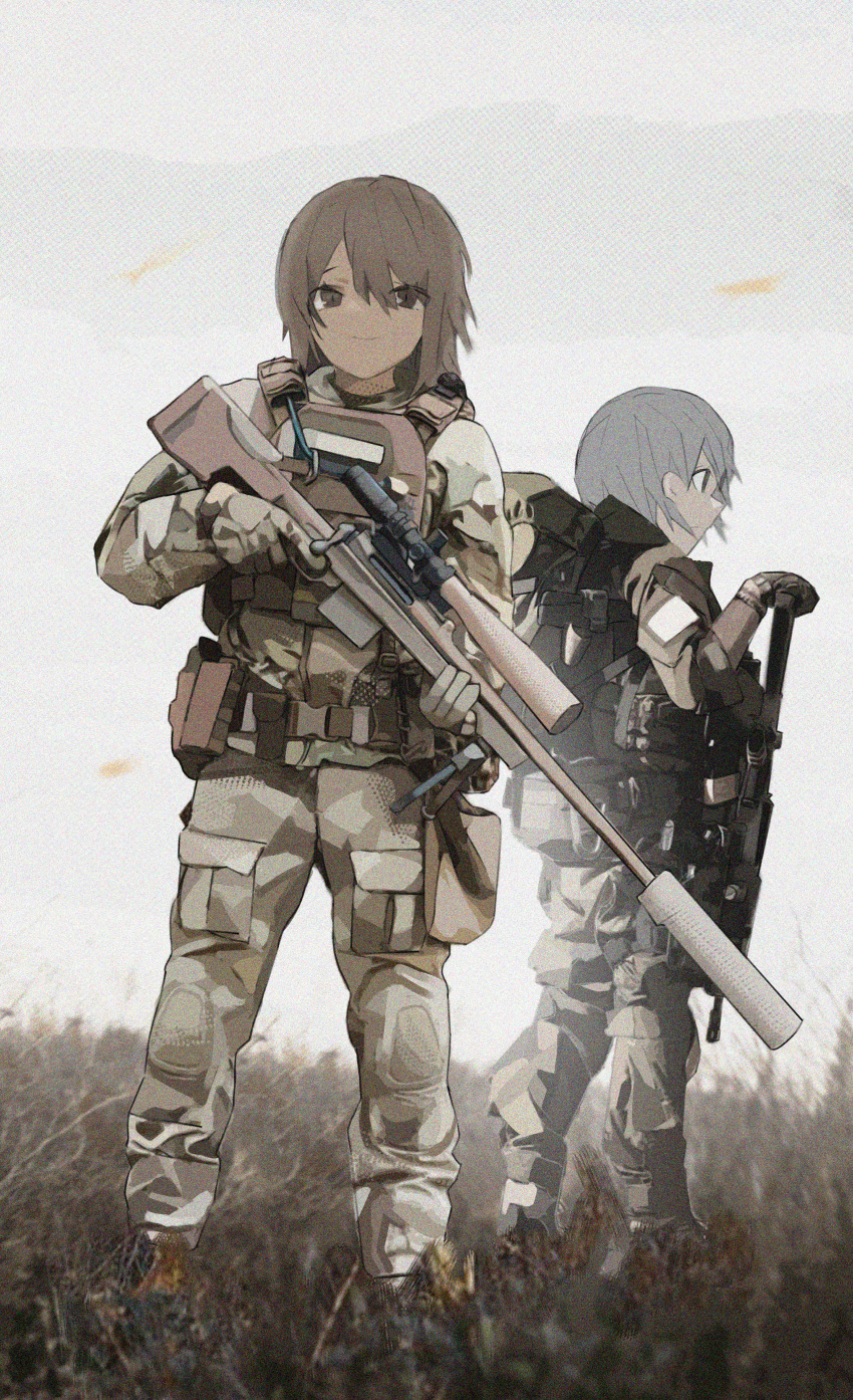 2girls absurdres bangs brown_eyes brown_gloves brown_hair bulletproof_vest camouflage camouflage_jacket closed_mouth commentary_request dmj_neco gloves grass grey_hair gun highres jacket load_bearing_vest looking_at_viewer multiple_girls noise original outdoors rifle short_hair smile sniper_rifle standing tactical_clothes weapon weapon_request