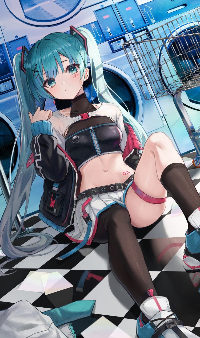 1girl absurdres aqua_eyes aqua_hair asymmetrical_legwear black_jacket black_legwear black_shirt breasts collarbone commentary crop_top facial_mark hair_ornament hand_up hatsune_miku highres jacket kneehighs long_hair long_sleeves looking_at_viewer medium_breasts midriff miniskirt mrr_05 navel off_shoulder open_clothes open_jacket pleated_skirt shirt shoes shrug_(clothing) single_kneehigh single_leg_pantyhose sitting skindentation skirt sleeveless sleeveless_shirt sleeveless_turtleneck sneakers solo stomach stomach_tattoo tattoo thigh_strap thighs tile_floor tiles turtleneck twintails very_long_hair vocaloid white_skirt x_hair_ornament zipper