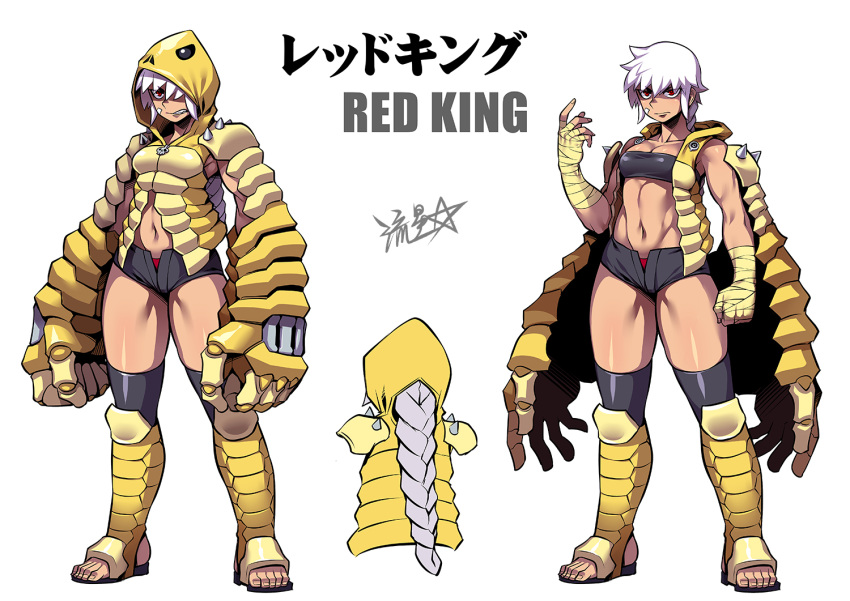 1girl bandaged_arm bandages bandeau black_shorts boots braid character_name clenched_teeth closed_mouth exoskeleton hand_up hood hood_up long_hair micro_shorts multiple_views muscular muscular_female navel oversized_forearms oversized_limbs panties personification red_eyes red_king_(ultra_series) red_panties ryuusei_(mark_ii) shorts signature simple_background single_braid stirrup_footwear strapless teeth toenails toes tube_top ultra_series ultraman_(1st_series) underwear white_background white_hair