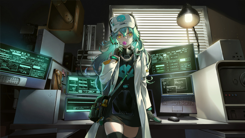 1girl antonina_(girls'_frontline_nc) aqua_hair bag black_dress blinds bracelet candy coat commentary_request computer cowboy_shot desk dress food girls'_frontline_neural_cloud girls_frontline gloves hair_between_eyes hat headphones highres jewelry labcoat lamp laptop lino_chang lollipop long_hair looking_at_viewer mask mask_around_neck monitor mouse_(computer) parted_lips respirator shoulder_bag skull_print solo thigh-highs white_coat yellow_eyes zettai_ryouiki