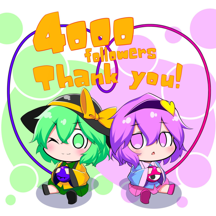 2girls :&lt; :3 black_footwear black_headwear blouse blue_blouse blush chibi collared_shirt eyeball gozen_(gozen0707) green_eyes green_hair green_skirt hairband hat hat_ribbon heart heart_hands heart_of_string highres komeiji_koishi komeiji_satori long_sleeves looking_to_the_side milestone_celebration multiple_girls one_eye_closed open_mouth pink_skirt purple_footwear purple_hair purple_hairband ribbon shirt shoes short_hair siblings sisters skirt thank_you third_eye touhou violet_eyes wavy_hair wide_sleeves yellow_ribbon yellow_shirt