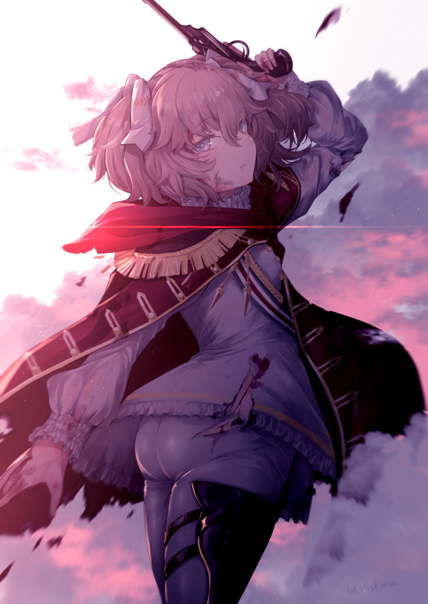 1girl ass blue_eyes brown_hair cape clouds cloudy_sky commentary_request cowboy_shot dirty dirty_face epaulettes girls_frontline gun hair_between_eyes hair_ribbon highres holding holding_gun holding_weapon long_sleeves looking_at_viewer looking_back mishima_hiroji outdoors red_cape revolver ribbon short_hair signature sky solo sunset trigger_discipline two_side_up weapon webley_(girls'_frontline) webley_revolver white_legwear