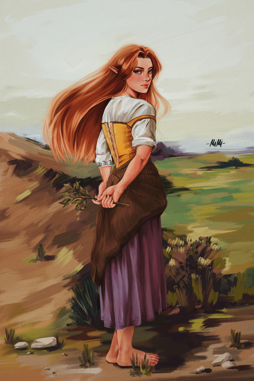 1girl absurdres arms_behind_back barefoot blush corset dress field fine_art_parody grass highres holding holding_plant long_hair looking_at_viewer looking_to_the_side malon nm_dl painting_(medium) parody plant pointy_ears redhead shepherd the_legend_of_zelda the_legend_of_zelda:_ocarina_of_time traditional_media