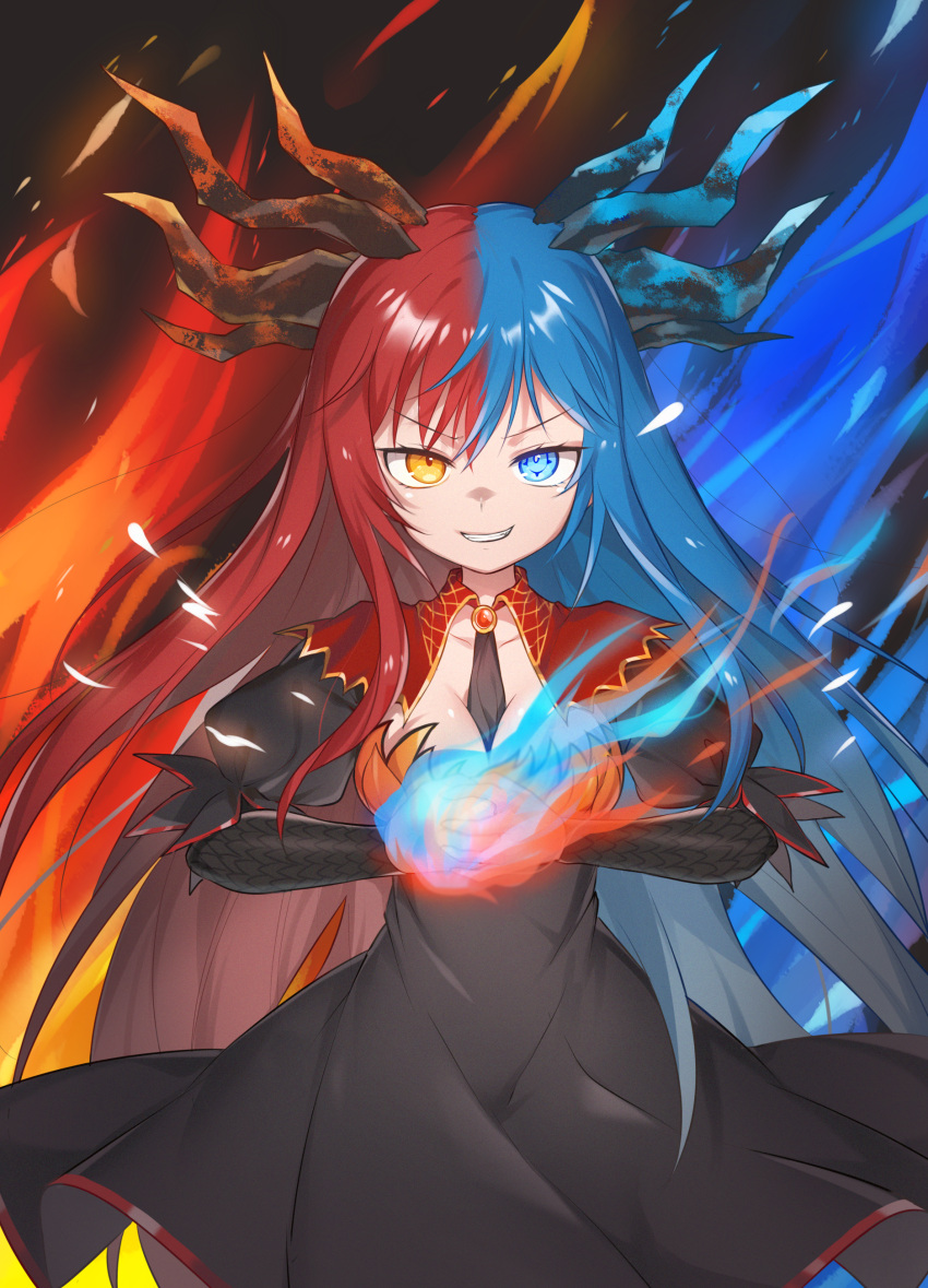 1girl absurdres bangs blue_eyes blue_fire blue_hair blue_horns bow bowtie breasts bright_pupils collarbone commission commissioner_upload dragon_girl dragon_horns dress eyebrows eyebrows_visible_through_hair fire floating_hair highres horns inferna_dragnis long_hair looking_at_viewer magic original pale_skin smile solo standing usagi1923 white_pupils