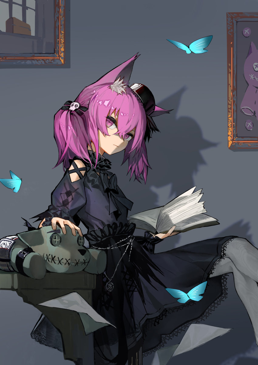 1girl absurdres animal_ears arknights bangs black_dress book bug butterfly clay_(clayjun) closed_mouth doll dress fox_ears fox_girl gothic_lolita hat highres holding holding_book lolita_fashion official_alternate_costume pantyhose purple_hair shamare_(arknights) shamare_(echo_of_the_horrorlair)_(arknights) solo twintails violet_eyes