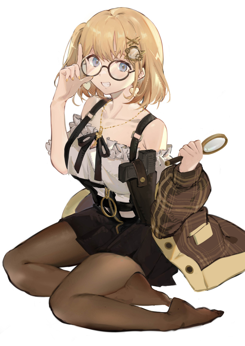 1girl absurdres bare_shoulders black-framed_eyewear blonde_hair blue_eyes casual collarbone commentary cropped earrings fingernails frilled_shirt frills glasses gradient gradient_background grin gun hair_ornament hairclip handgun heart heart_earrings highres holding holding_magnifying_glass hololive hololive_english holster holstered_weapon jacket jewelry key_necklace long_fingernails looking_at_viewer magnifying_glass medium_hair monocle monocle_hair_ornament nail_polish necklace no_shoes off-shoulder_shirt off_shoulder one_side_up pantyhose plaid pleated_skirt ponytail round_eyewear shirt short_hair shoulder_holster side_ponytail simple_background sitting skirt smile solo symbol-only_commentary tsuiru virtual_youtuber watson_amelia weapon white_background yellow_nails yokozuwari zipper zipper_pull_tab