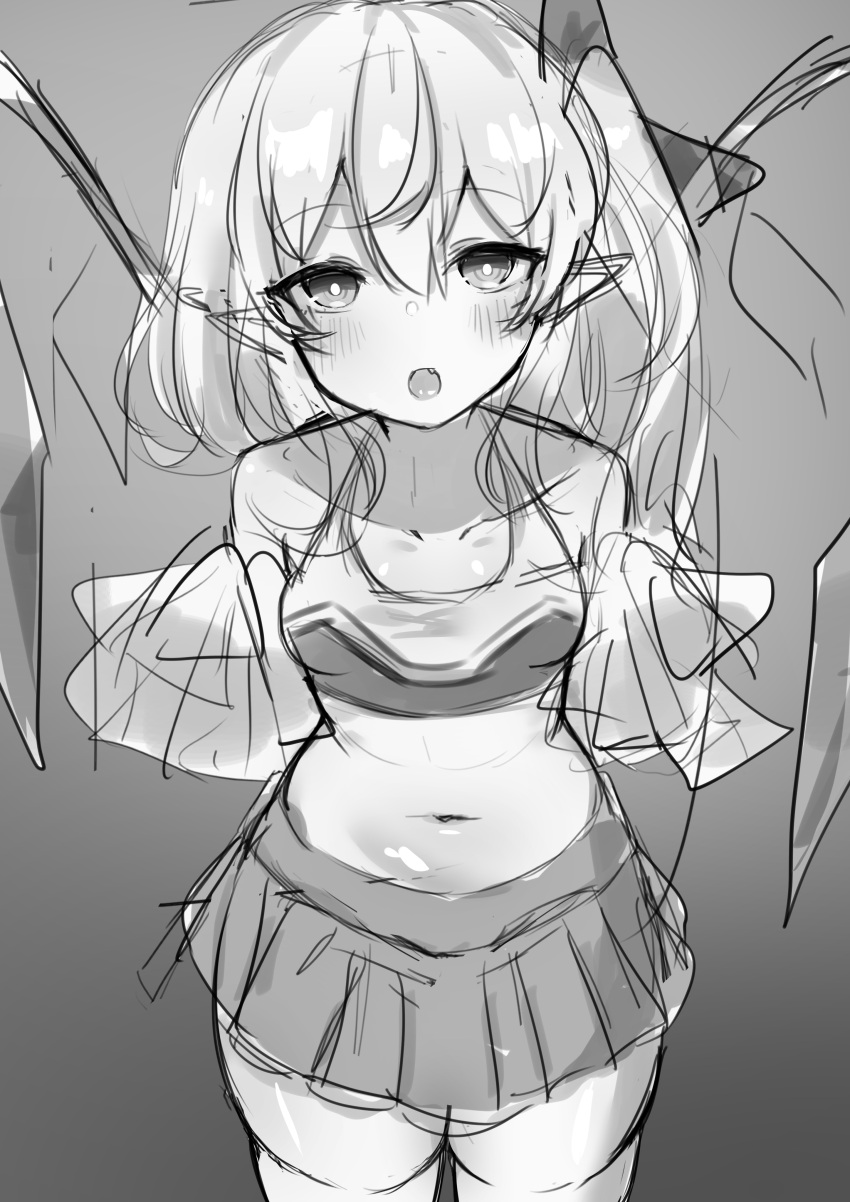 1girl :d absurdres alternate_costume bangs bare_shoulders blush bow breasts bright_pupils cheerleader collarbone commentary_request cowboy_shot crystal eyebrows_visible_through_hair fang flandre_scarlet greyscale hair_between_eyes hair_bow highres kamukamu_23 looking_at_viewer midriff monochrome navel no_hat no_headwear one_side_up open_mouth pleated_skirt pointy_ears pom_pom_(cheerleading) short_hair sketch skirt small_breasts smile solo thigh-highs touhou white_pupils wings