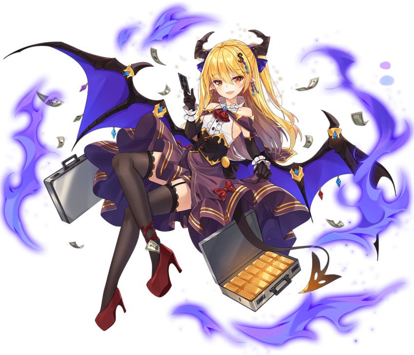 1girl :d ark_order bangs black_corset black_gloves black_legwear blonde_hair blue_bow bow briefcase cape card center_frills corset credit_card dango_remi demon_girl demon_horns demon_tail demon_wings dollar_bill dollar_hair_ornament dollar_sign elbow_gloves flat_chest frills full_body garter_straps gloves gold_bar hair_bow hair_ornament high_heels holding holding_card horns lace-trimmed_legwear lace_trim long_hair looking_at_viewer mammon_(ark_order) money official_art open_mouth pointy_ears purple_cape purple_skirt red_bow red_footwear shirt shoes skirt sleeveless sleeveless_shirt smile solo suitcase tachi-e tail thigh-highs transparent_background very_long_hair white_shirt wings yellow_eyes