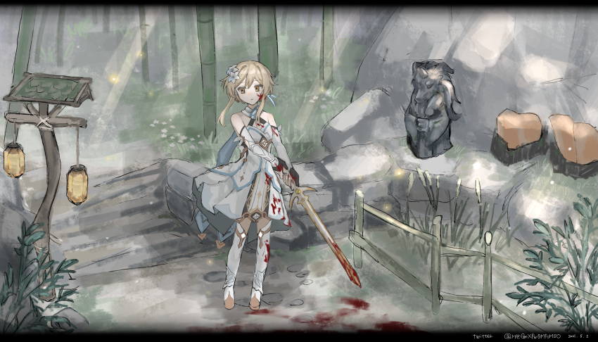 1girl absurdres bangs black_gloves blonde_hair blood blood_on_clothes blood_on_face blood_on_shoes blood_on_weapon blood_splatter boots bush dress expressionless feather_hair_ornament feathers fence forest genshin_impact gloves hair_ornament highres in-universe_location lantern lumine_(genshin_impact) nature path scarf sidelocks solo statue stone_floor thigh-highs thigh_boots weapon white_dress white_footwear white_scarf yellow_eyes yoooichang