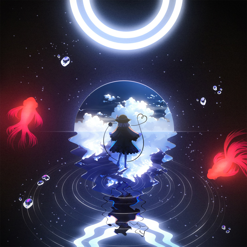 1girl barefoot bow circlet clouds distortion endlesscat frilled_skirt frilled_sleeves frills green_skirt hat hat_bow heart heart_of_string highres koi komeiji_koishi long_sleeves looking_away reflection ripples scenery shirt short_hair skirt sky sleeves_past_wrists solo standing standing_on_liquid standing_on_one_leg touhou water water_drop wide_sleeves yellow_shirt