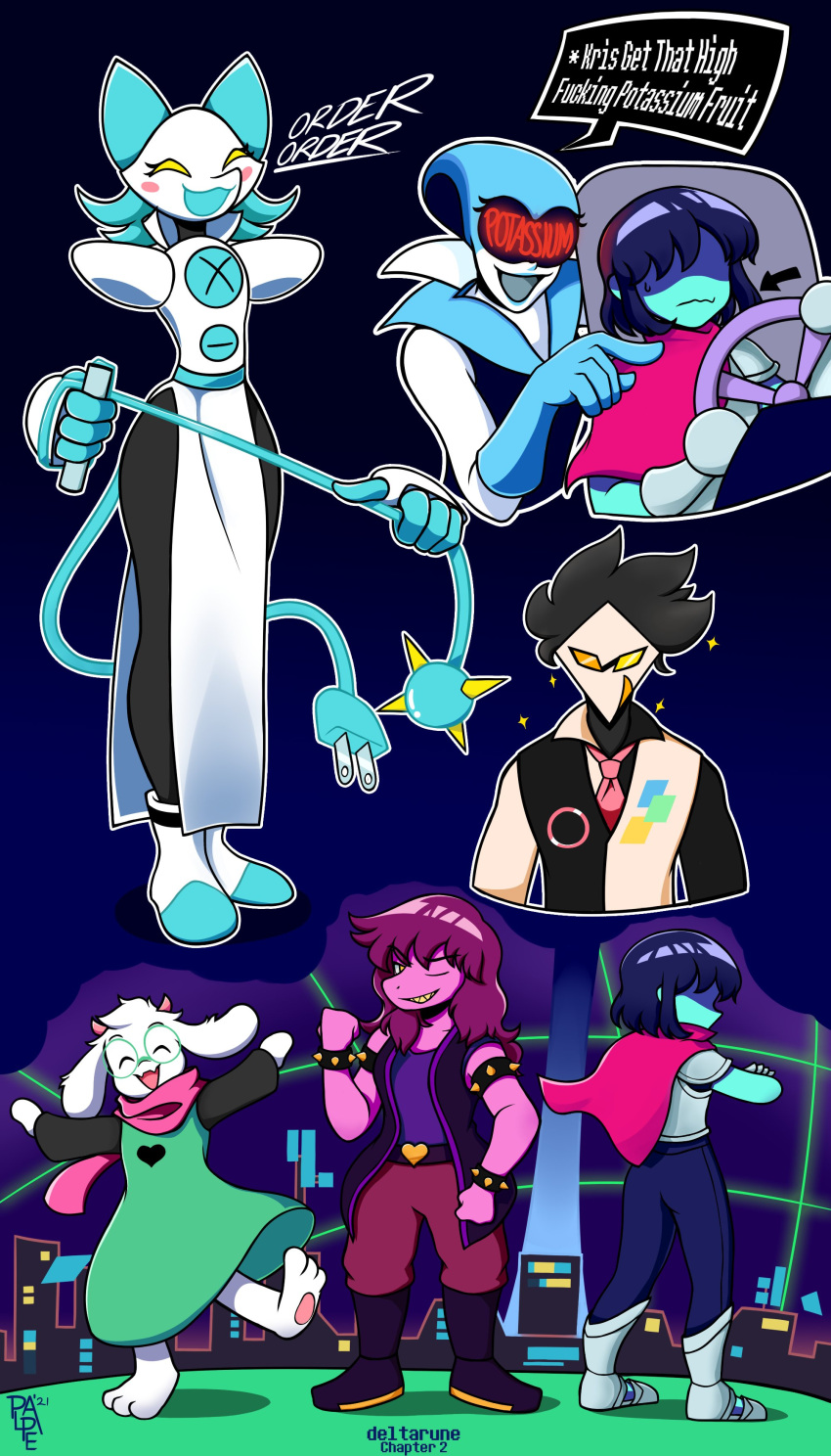 1other 2boys 3girls :d absurdres blue_skin blush_stickers butler cable_tail cityscape colored_skin deltarune english_commentary flail heart highres kris_(deltarune) multicolor-tinted_eyewear multiple_boys multiple_girls necktie open_mouth palpe pink_skin plug profanity queen_(deltarune) ralsei smile steering_wheel susie_(deltarune) swatch_(deltarune) tail tasque_manager_(deltarune) wavy_mouth weapon