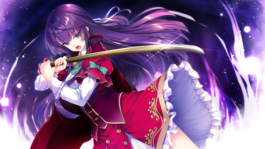 1girl bangs bow cape cowboy_shot dress_shirt dutch_angle eyebrows_visible_through_hair floating_hair frilled_skirt frills game_cg green_bow green_eyes hair_ribbon highres holding holding_weapon long_hair long_sleeves looking_at_viewer official_art open_mouth purple_background purple_hair red_cape red_skirt ribbon secret_agent_~kishi_gakuen_no_shinobi_naru_mono~ shinai shiny shiny_hair shirogane_kagura shirt skirt solo standing sword underbust very_long_hair weapon white_ribbon white_shirt