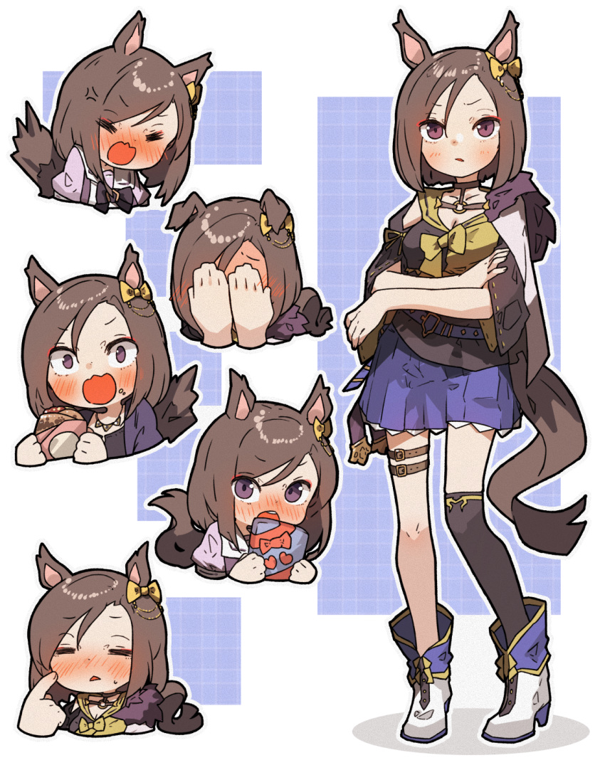 1girl =_= air_groove_(umamusume) amonitto animal_ears bangs blue_skirt blush boots brown_hair brown_shirt chibi closed_eyes eyebrows_visible_through_hair gift hair_between_eyes high_heel_boots high_heels highres holding holding_gift horse_ears horse_girl horse_tail multiple_views nose_blush open_mouth parted_bangs parted_lips pleated_skirt puffy_short_sleeves puffy_sleeves purple_shirt school_uniform shirt short_sleeves skirt tail teeth tracen_school_uniform umamusume upper_teeth violet_eyes wavy_mouth white_footwear wide_sleeves